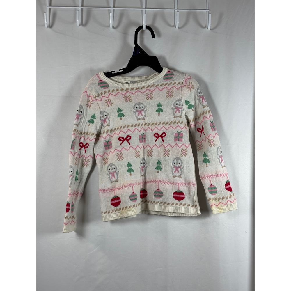 H & M‎ Girls Holiday Penguin Fair Isle Glitter Knit Sweater Cream Pink 3/4T